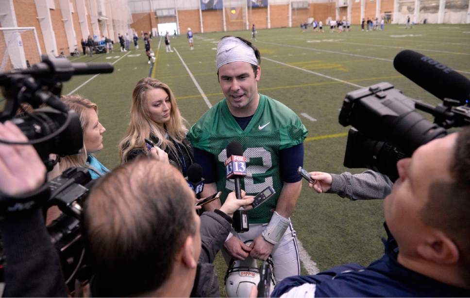 Al Hartmann  |  The Salt Lake Tribune
BYU quarterback Tanner Mangum talks to the media after the first practice of BYU's Spring training camp Monday Feb. 27 at the Indoor Practice Facility.