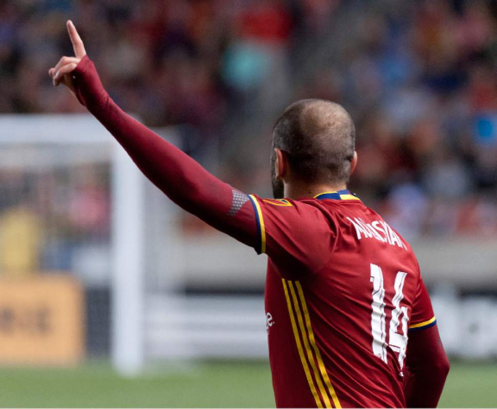 Michael Mangum  |  Special to the Tribune

Real Salt Lake forward Yura Movsisyan (14) calls for the ball during the second half their match against the Colorado Rapids at Rio Tinto Stadium in Sandy, UT on Saturday, April 9, 2016. RSL won 1-0.