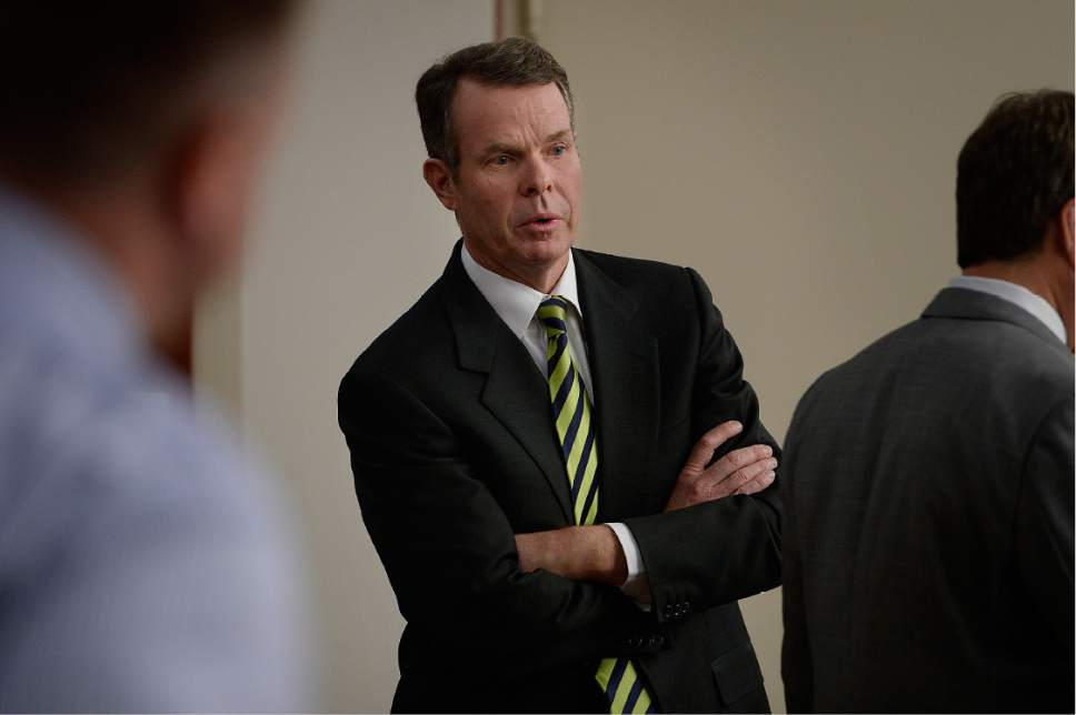 Scott Sommerdorf | The Salt Lake Tribune
Former Utah Attorney General John Swallow stands as the jury enters the courtroom during his public corruption trial, Wednesday, March 1, 2017.