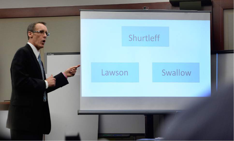 Scott Sommerdorf | The Salt Lake Tribune
Prosecutor Fred Burmester refers to a chart of the association between Mark Shurtleff, Timothy Lawson and John Swallow as he discussed proving that there was an enterprise between the men during former Utah Attorney General John Swallow's public corruption trial, Wednesday, March 1, 2017.