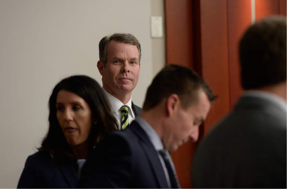 Scott Sommerdorf | The Salt Lake Tribune
Former Utah Attorney General John Swallow stands as the jury leaves the courtroom during his public corruption trial, Wednesday, March 1, 2017.