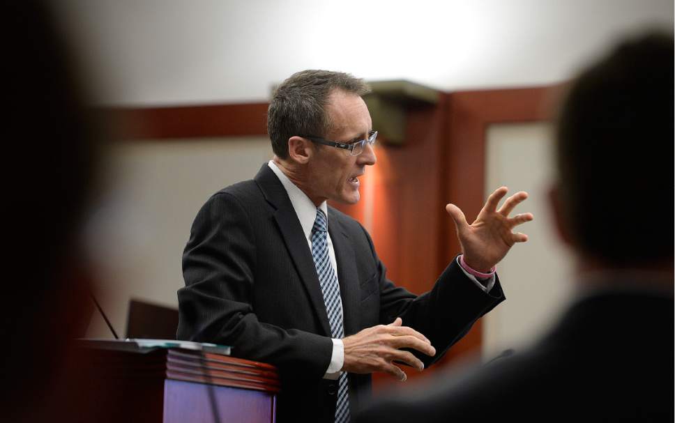Scott Sommerdorf | The Salt Lake Tribune
Prosecutor Fred Burmester speaks to the jury during closing remarks during former Utah Attorney General John Swallow's public corruption trial, Wednesday, March 1, 2017.