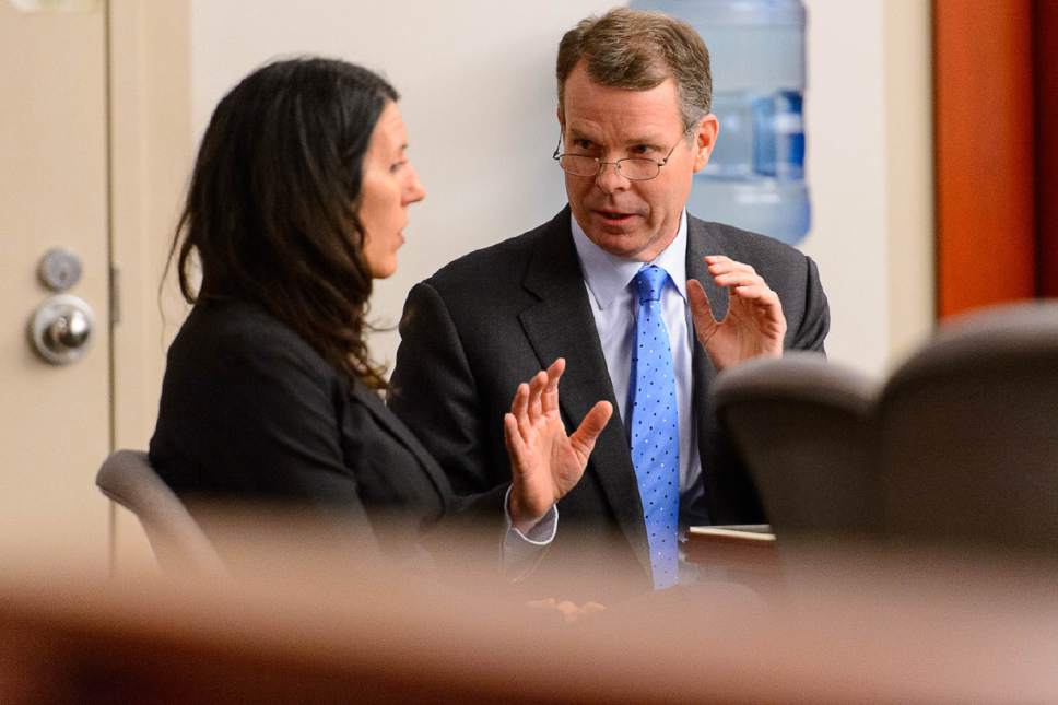 Trent Nelson  |  The Salt Lake Tribune
Defense attorney Cara Tangaro and John Swallow during Swallow's public-corruption trial in Salt Lake City, Tuesday February 28, 2017.