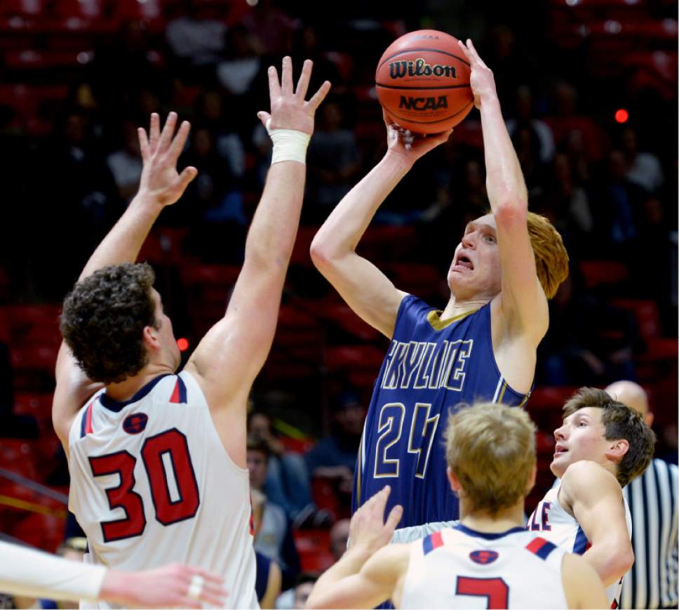 Steve Griffin  |  The Salt Lake Tribune


Skyline's Andrew Clark shoots a last second shot over Springville's Andrew Slack during the 4A playoff at the Huntsman Center in Salt Lake City Tuesday February 28, 2017. Springville uno on for the the victory.