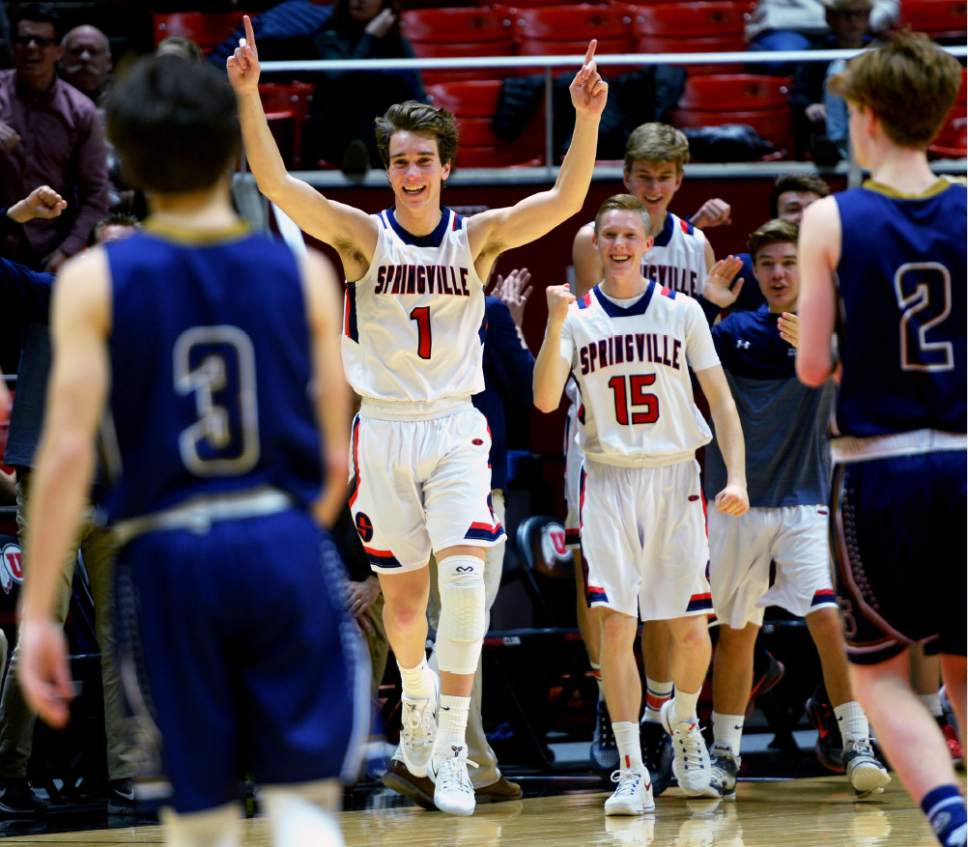 Steve Griffin  |  The Salt Lake Tribune


Springville's Ben Schreiner holds his hands up as he races onto the court to celebrate the Red Delis victory over Skyline during the 4A playoff at the Huntsman Center in Salt Lake City Tuesday February 28, 2017.
