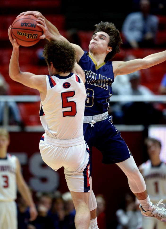 Steve Griffin  |  The Salt Lake Tribune


Skyline's Ben Wright, right, crashes into Springville's Bennett Hullinger as he tries to steal the ball during the 4A playoff at the Huntsman Center in Salt Lake City Tuesday February 28, 2017