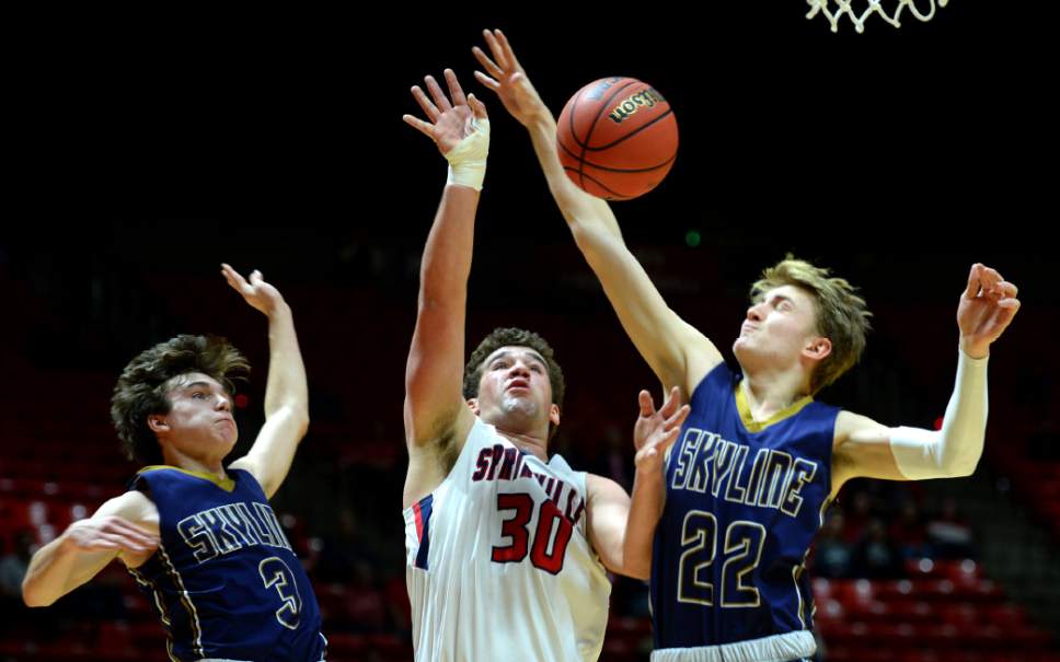 Steve Griffin  |  The Salt Lake Tribune


Skyline's Ben Wright, and Hollan Schweitz knock the ball away form Springville's Andrew Slack during the 4A playoff at the Huntsman Center in Salt Lake City Tuesday February 28, 2017.