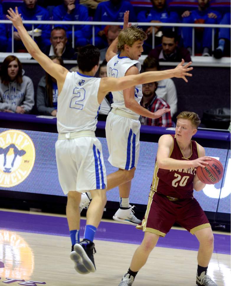 Steve Griffin  |  The Salt Lake Tribune


Bingham's Lleyton Parker and Preston Fowlks pressure  Viewmont's Spencer McKay during 5A playoff game at the Dee Events Center in Ogden Wednesday March 1, 2017.