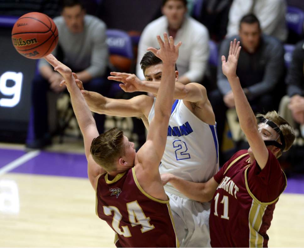 Steve Griffin  |  The Salt Lake Tribune


Bingham's Lleyton Parker passes out of trouble from the Viewmont defense of Philip Taylor and Josh Mordue during 5A playoff game at the Dee Events Center in Ogden Wednesday March 1, 2017.