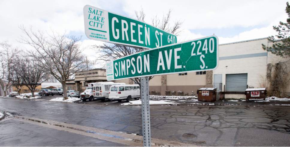 Steve Griffin  |  The Salt Lake Tribune


Green Street and Simpson Avenue near the site of a proposed new Salt Lake City homeless shelter in Salt Lake City Friday February 24, 2017. Salt Lake City is going to build two, not four, homeless resource centers eliminating the Simpson Avenue site.