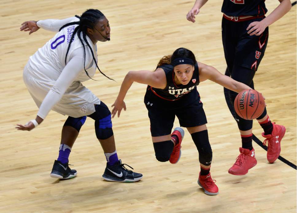 Scott Sommerdorf   |  The Salt Lake Tribune  
Utah Utes guard/forward Daneesha Provo (23) turns to dribble after making a steal during second half play. The Washington Huskies routed Utah 82-53, Friday, February 3, 2017.
