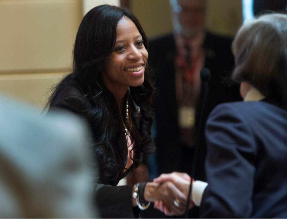Steve Griffin  |  The Salt Lake Tribune


Rep. Mia Love shakes hands with members of the Senate as she visits the Utah Senate at the State Capitol in Salt Lake City Thursday February 23, 2017