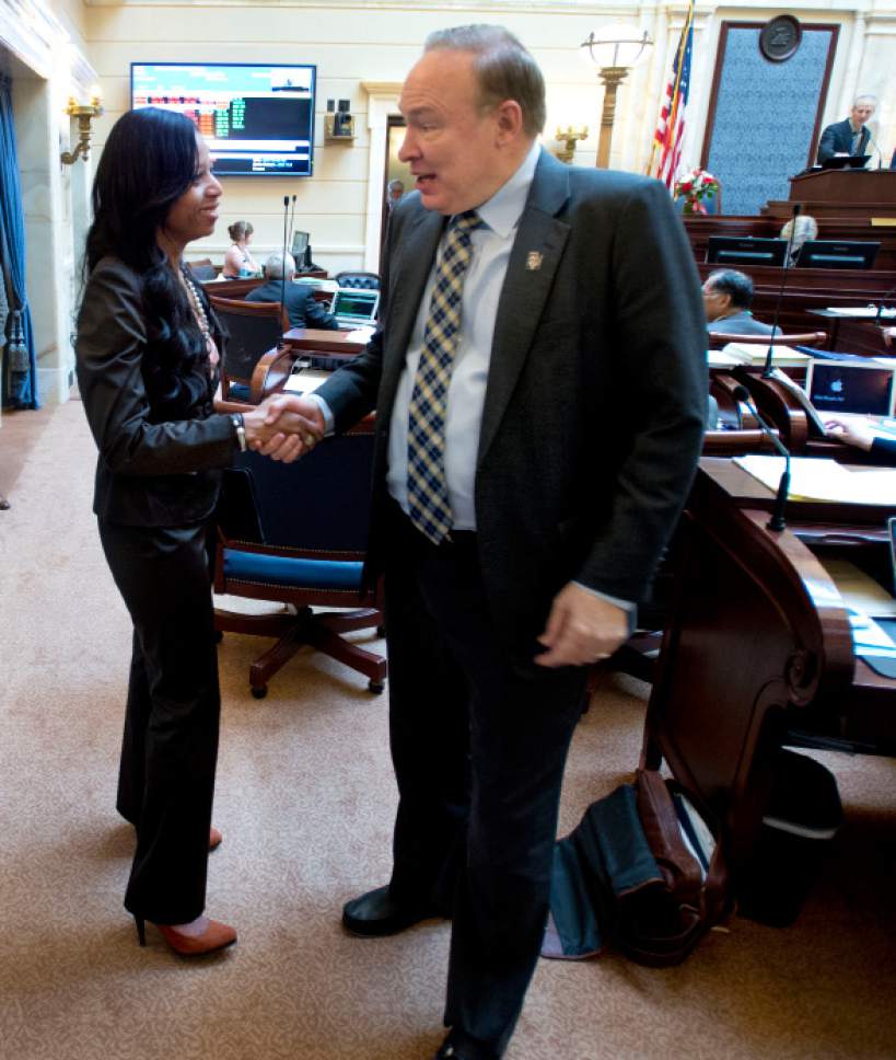 Steve Griffin  |  The Salt Lake Tribune


Rep. Mia Love shakes hands with Sen. Jim Dabakis, D-Salt Lake City, as she visits the Senate at the State Capitol in Salt Lake City Thursday February 23, 2017