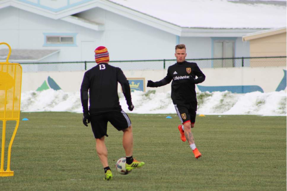 Christopher Kamrani  |  The Salt Lake Tribune

New RSL attacking midfielder Albert Rusnák goes through drills with forward Chad Barrett in Tuesday's training session at America First Field in Sandy.