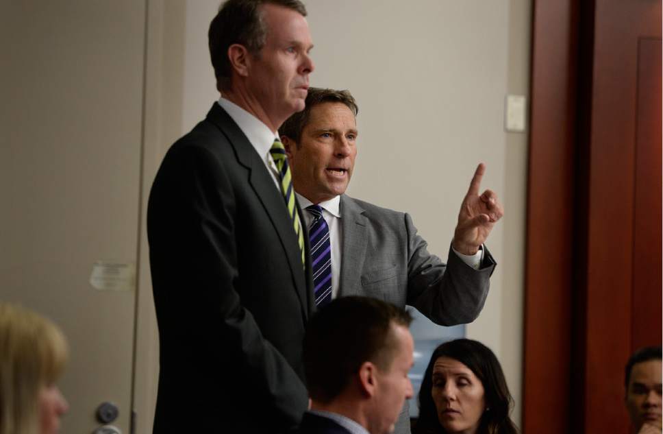 Scott Sommerdorf | The Salt Lake Tribune
Defense attorney Scott Williams finalized his closing remarks by asking former Utah Attorney General John Swallow to stand, and imploring the jury to find him "not guilty" of the charges against him at his public corruption trial, Wednesday, March 1, 2017.