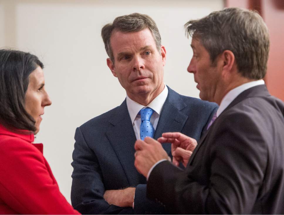 Rick Egan  |  The Salt Lake Tribune

John Swallow listens as Cara Tangaro and Scott Williams discuss how to correct an error in the jury instructions, in Judge Elizabeth Hruby-Mills courtroom in Salt Lake City, Thursday, March 2, 2017.