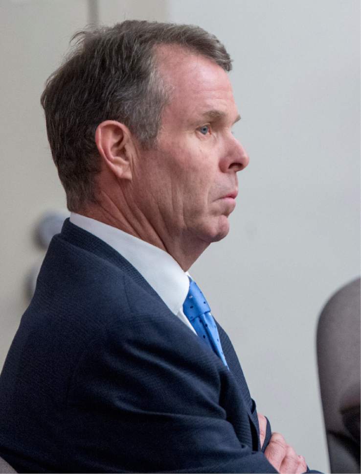 Rick Egan  |  The Salt Lake Tribune

John Swallow listens as members of his defense team, Cara Tangaro, Scott Williams and Brad Anderson discuss how to correct an error in the jury instructions,  in Judge Elizabeth Hruby-Mills courtroom in Salt Lake City, Thursday, March 2, 2017.