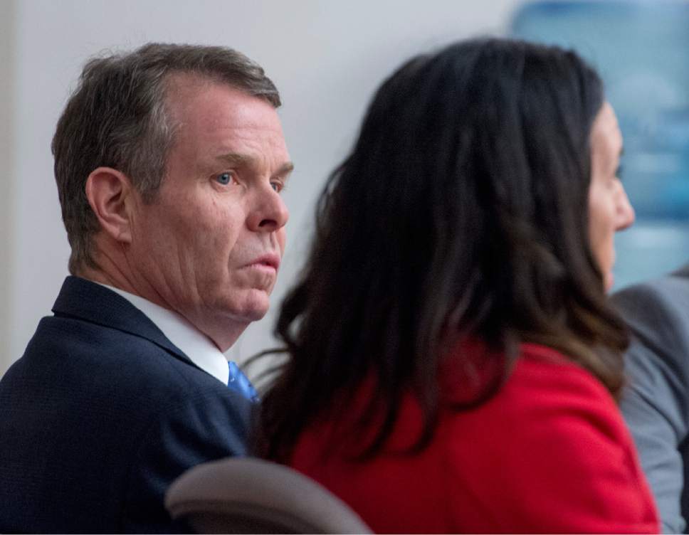 Rick Egan  |  The Salt Lake Tribune

John Swallow listens as his attorneys discuss how to correct an error in the jury instructions, in Thursday, March 2, 2017.