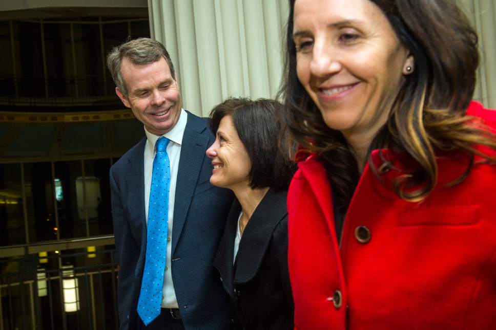 Chris Detrick  |  The Salt Lake Tribune
Former Utah Attorney General John Swallow, his wife Suzanne Swallow and defense attorney Cara Tangaro leave the courtroom after his trial Thursday March 2, 2017. Jurors found former Utah Attorney General John Swallow not guilty of all counts.