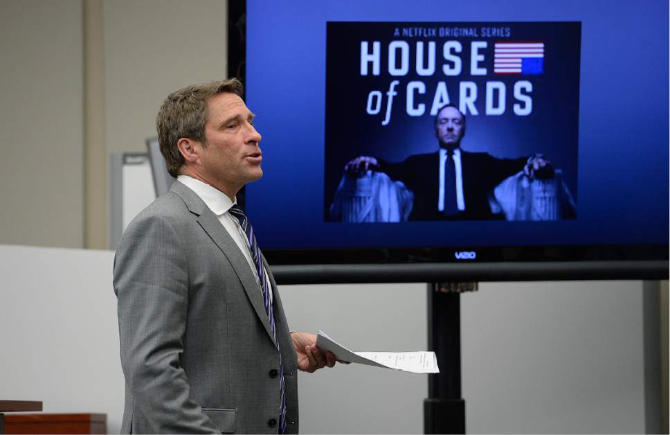Scott Sommerdorf | The Salt Lake Tribune
Defense attorney Scott Williams refers to the prosecution's case as "A House of Cards" during his closing remarks in former Utah Attorney General John Swallow's public corruption trial, Wednesday, March 1, 2017.