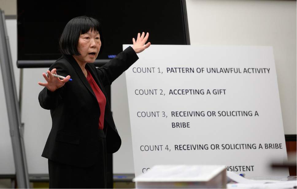 Scott Sommerdorf | The Salt Lake Tribune
Prosecutor Chou Chou Collins summarizes the full list of charges against former Utah Attorney General John Swallow during her rebuttal to closing remarks in Swallow's public corruption trial, Wednesday, March 1, 2017.