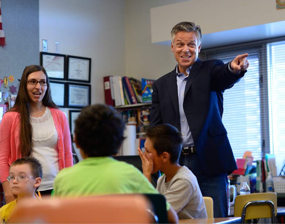 Scott Sommerdorf   |  The Salt Lake Tribune
Jon M. Huntsman, Jr. jokes with students as he helped deliver teaching materials to Melody Francis' 4th grade classroom at Rose Park Elementary in association with Chevron's 2014 Fuel Your School Program, Wednesday, september 3, 2014. Huntsman has been U.S. Ambassador to China and Utah's Governor and is currently a Chevron Board of Directors Member. Teacher Melody Francis is at far left.
