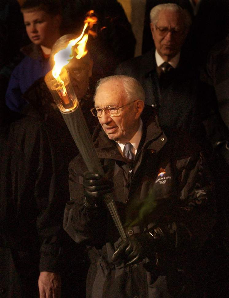 Rick Egan  |  Tribune file photo

Gordon B. Hinckley participates in the torch relay on the eve of the 2002 Winter Olympic Games in Salt Lake City.