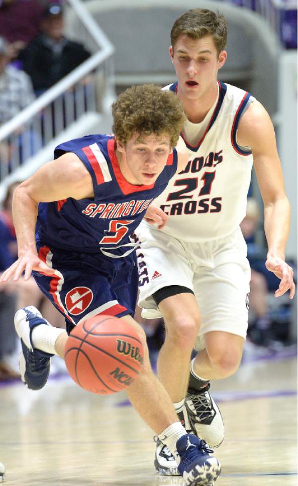 Leah Hogsten  |  The Salt Lake Tribune
Springville High School defeated Woods Cross High School 51-50 at the buzzer during their 4A State boys' basketball quarterfinal playoff game at Weber State University's Dee Events Center, Thursday, March 2, 2017.