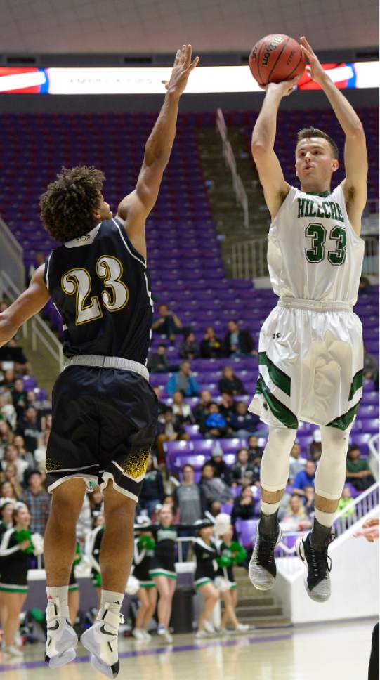 Leah Hogsten  |  The Salt Lake Tribune
Hillcrest's Stockton Ashby had 13 points and 8 rebounds in the game. Hillcrest High School defeated Highland High School 59-47 during their 4A State boys' basketball quarterfinal playoff game at Weber State University's Dee Events Center, Thursday, March 2, 2017.