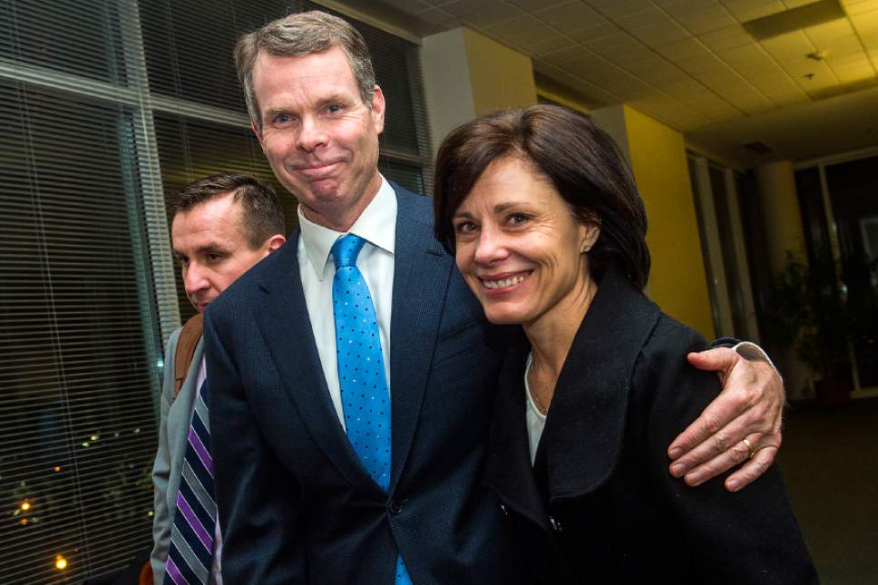 Chris Detrick  |  The Salt Lake Tribune
Former Utah Attorney General John Swallow and his wife Suzanne leave the courtroom after his trial Thursday. Jurors found former Utah Attorney General John Swallow not guilty of all counts.