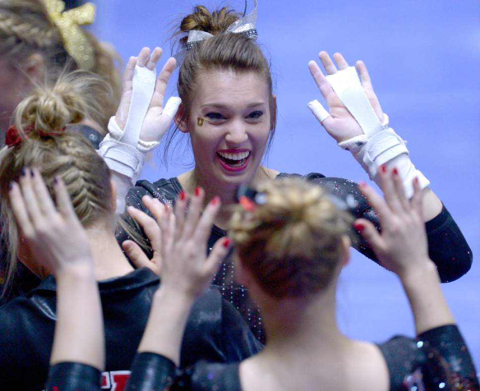 Leah Hogsten  |  The Salt Lake Tribune
Utah's Baely Rowe was best on the uneven parallel bars with a score of 9.950. University of Utah No. 6 gymnasts defeated  No. 11 Oregon State 196.125 to 195.125 during their Pac-12 meet in Salt Lake City, January 23, 2016.