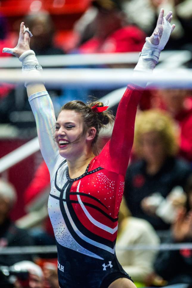 Chris Detrick  |  The Salt Lake Tribune
Utah's Baely Rowe competes on the bars during the gymnastics meet against BYU at the Huntsman Center Friday January 8, 2016.