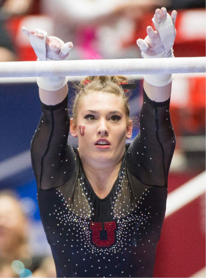 Rick Egan  |  The Salt Lake Tribune

Utah's Baely Rowe competes on the bars, in the NCAA Regional Championships, at the Huntsman Center, Saturday, April 2, 2016.