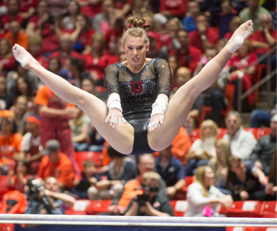 Rick Egan  |  The Salt Lake Tribune

Utah's Baely Rowe competes on the bars, in the NCAA Regional Championships, at the Huntsman Center, Saturday, April 2, 2016.