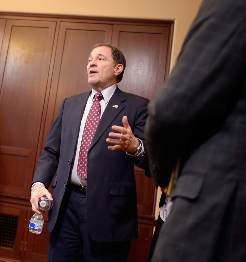 Al Hartmann  |  The Salt Lake Tribune
Utah Gov. Gary Herbert answers questions at press conference at Utah State Capitol Thursday March 2 about the accomplishments of the 2017 legislative session which ends next week.