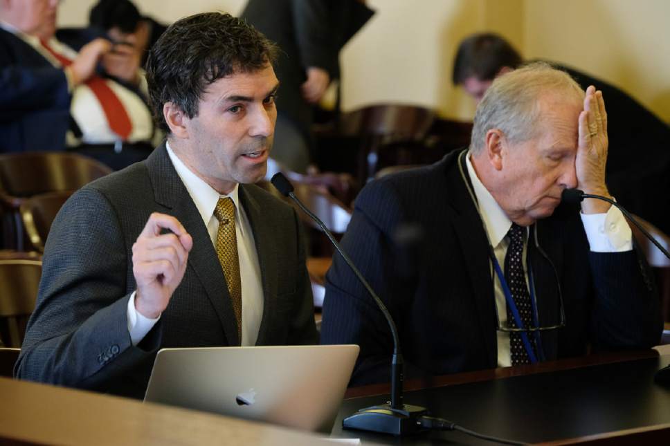 Francisco Kjolseth | The Salt Lake Tribune
Gavin Noyes, left, executive director of Utah Dine Bikeyah, speaks in opposition HCR24, sponsored by Rep. Mike Noel, R-Kanab, at right, during the House Natural Resources, Agriculture and Environment Committee at the State Capitol in Salt Lake City Tuesday, Feb. 28, 2017. HCR24 encourages state acquisition of the Bears Ears National Monument.