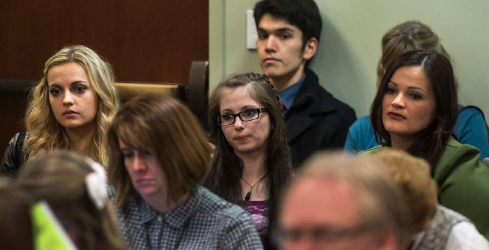 Steve Griffin / The Salt Lake Tribune

Amanda Kingston, left, Shanell DeRieux, and Jessica Christensen, stars of the television show "Escaping Polygamy," listen to a hearing on a bill that would amend Utah's bigamy statutes in the Utah House of Representatives Building in Salt Lake City Wednesday February 1, 2017.