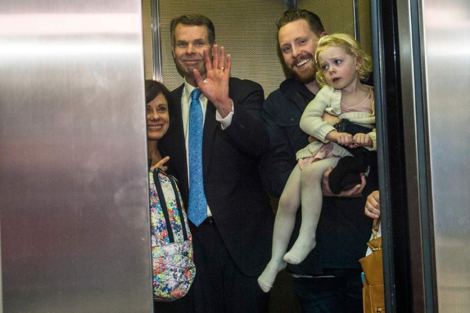 Chris Detrick  |  The Salt Lake Tribune
Former Utah Attorney General John Swallow, his wife Suzanne and other relatives leave the courtroom after his trial Thursday March 2, 2017. Jurors found former Utah Attorney General John Swallow not guilty of all counts.