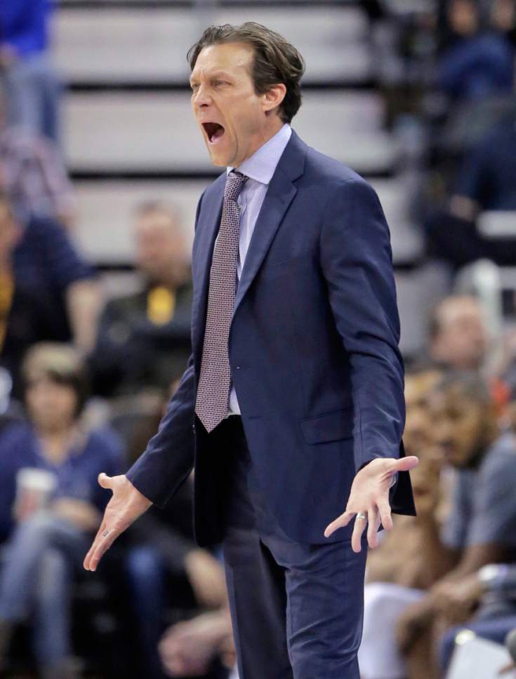 Utah Jazz head coach Quin Snyder shouts to his team during the second half in an NBA basketball game against the Minnesota Timberwolves, Wednesday, March 1, 2017, in Salt Lake City. Timberwolves won 107-80. (AP Photo/Rick Bowmer)