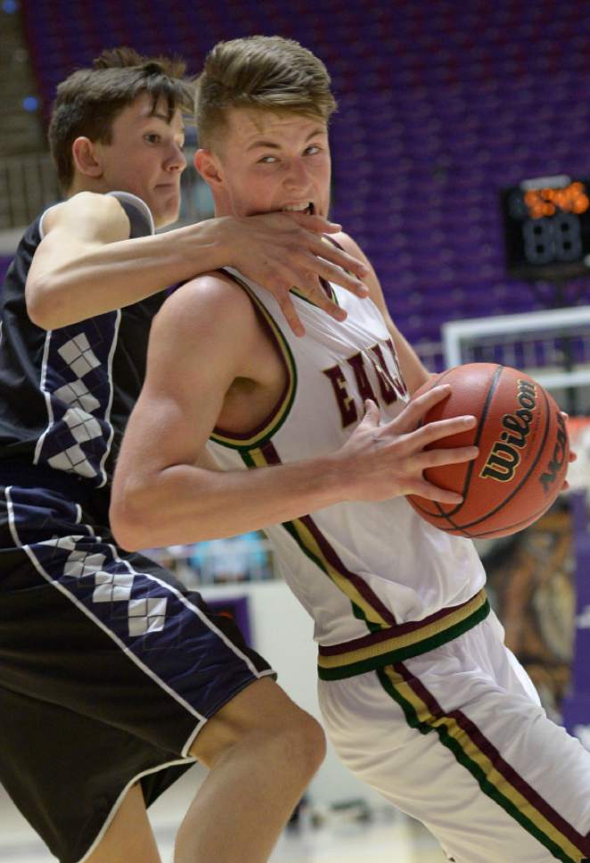 Leah Hogsten  |  The Salt Lake Tribune
Corner Canyon's Hayden Welling tries to pressure Maple Mountain's Bradley Bird. Corner Canyon High School defeated Maple Mountain High School 69-67 during their 4A State boys' basketball quarterfinal playoff game at Weber State University's Dee Events Center, Thursday, March 2, 2017.