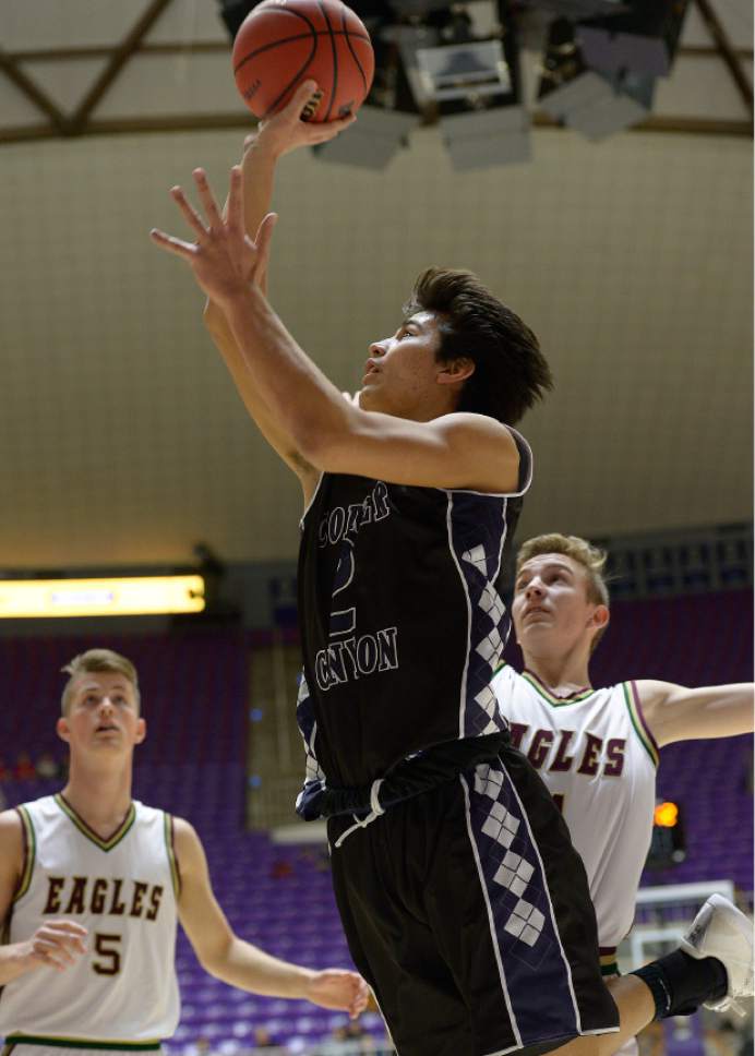Leah Hogsten  |  The Salt Lake Tribune
Corner Canyon's Michael Scheffner had 13 points and 5 rebounds in the game. Corner Canyon High School defeated Maple Mountain High School 69-67 during their 4A State boys' basketball quarterfinal playoff game at Weber State University's Dee Events Center, Thursday, March 2, 2017.