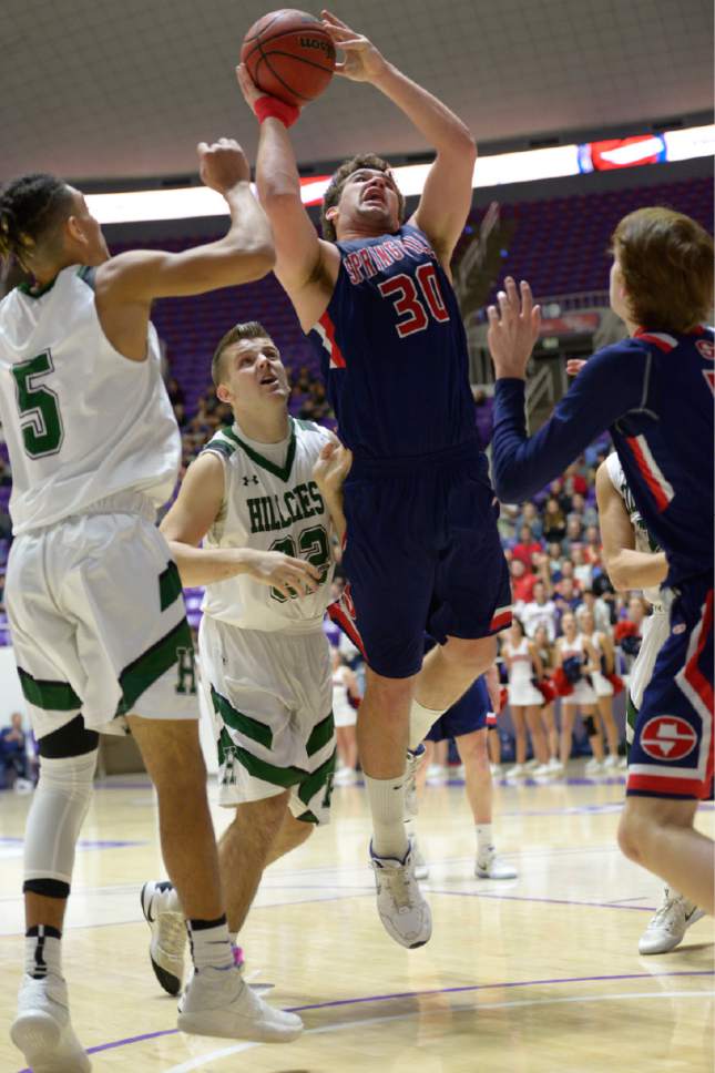 Leah Hogsten  |  The Salt Lake Tribune
Springville's center Andrew Slack (30) drives to the net. Springville High School defeated Hillcrest High School 57-45 during their 4A State boysí basketball semifinal playoff game at Weber State University's Dee Events Center, Friday, March 3, 2017.