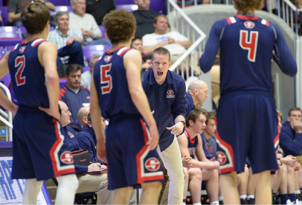 Leah Hogsten  |  The Salt Lake Tribune
Springville's head coach Justin Snell gives direction to the team in the final minutes of the game. Springville High School defeated Hillcrest High School during their 4A State boys' basketball semifinal playoff game at Weber State University's Dee Events Center, Friday, March 3, 2017.