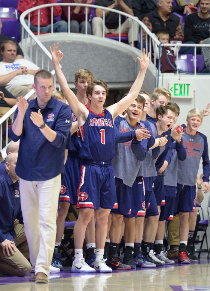 Leah Hogsten  |  The Salt Lake Tribune
Springville's bench celebrates a 3-pointer. Springville High School defeated Hillcrest High School during their 4A State boys' basketball semifinal playoff game at Weber State University's Dee Events Center, Friday, March 3, 2017.
