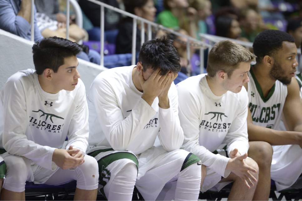 Leah Hogsten  |  The Salt Lake Tribune
Hillcrest's bench reacts to the loss.  Springville High School defeated Hillcrest High School 57-45 during their 4A State boys' basketball semifinal playoff game at Weber State University's Dee Events Center, Friday, March 3, 2017.