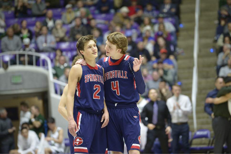 Leah Hogsten  |  The Salt Lake Tribune
Springville's Seth Mortensen (2) and Springville's Jesse Hullinger (4). Springville High School defeated Hillcrest High School 57-45 during their 4A State boys' basketball semifinal playoff game at Weber State University's Dee Events Center, Friday, March 3, 2017.