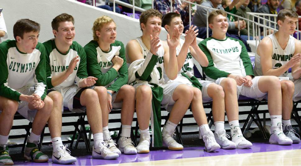 Leah Hogsten  |  The Salt Lake Tribune
Olympus celebrates the win. Olympus High School defeated Timpanogos High School 91-69 during their 4A State boys' basketball quarterfinal playoff game at Weber State University's Dee Events Center, Thursday, March 2, 2017.