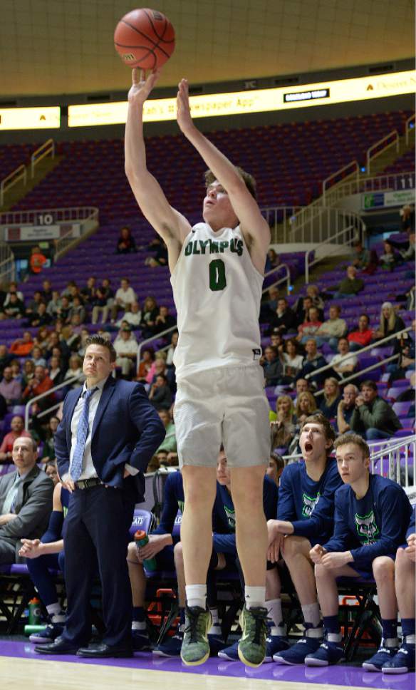 Leah Hogsten  |  The Salt Lake Tribune
Olympus' Jeremy Dowdell  had 25 points in the game. Olympus High School leads Timpanogos High School 53-27 during their 4A State boys' basketball quarterfinal playoff game at Weber State University's Dee Events Center, Thursday, March 2, 2017.