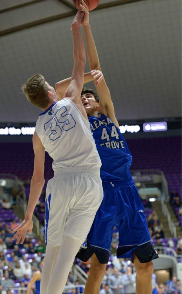Leah Hogsten  |  The Salt Lake Tribune
Bngham's Branden Carlson puts a stop to Pleasant Grove's Matthew Van Komen.  Bingham High School defeated Pleasant Grove High School 54-44 during their 5A State boys' basketball semifinal playoff game at Weber State University's Dee Events Center, Friday, March 3, 2017.