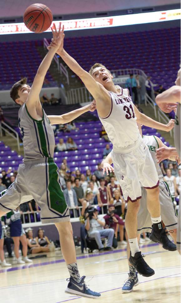 Leah Hogsten  |  The Salt Lake Tribune
Lone Peak's Max McGrath (31) had 21 points in the game. Lone Peak High School leads Copper Hills High School 32-26 during their 5A State boys' basketball semifinal playoff game at Weber State University's Dee Events Center, Friday, March 3, 2017.